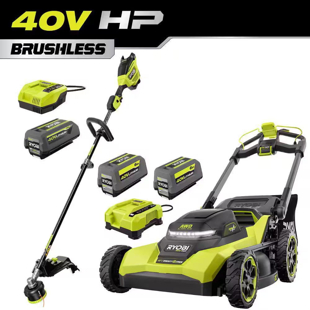 40V HP 21" Brushless Cross Cut Self-Propelled All Wheel Drive Mower W/ 17" String Trimmer-(3) Batteries & (2) Chargers