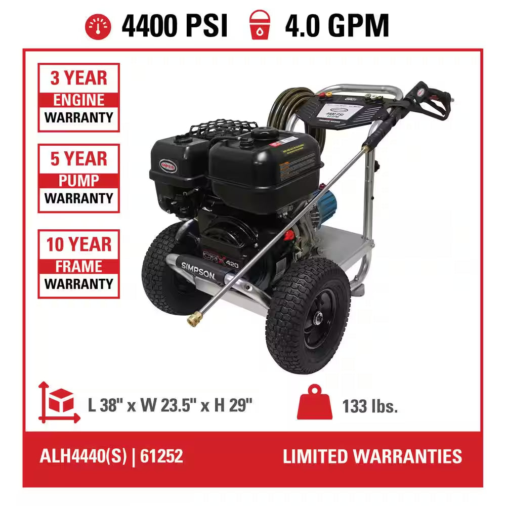 4400 PSI 4.0 GPM Gas Pressure Washer, CAT Pump, Aluminum Frame, Heavy-Duty Commercial Cold Water Power Washer