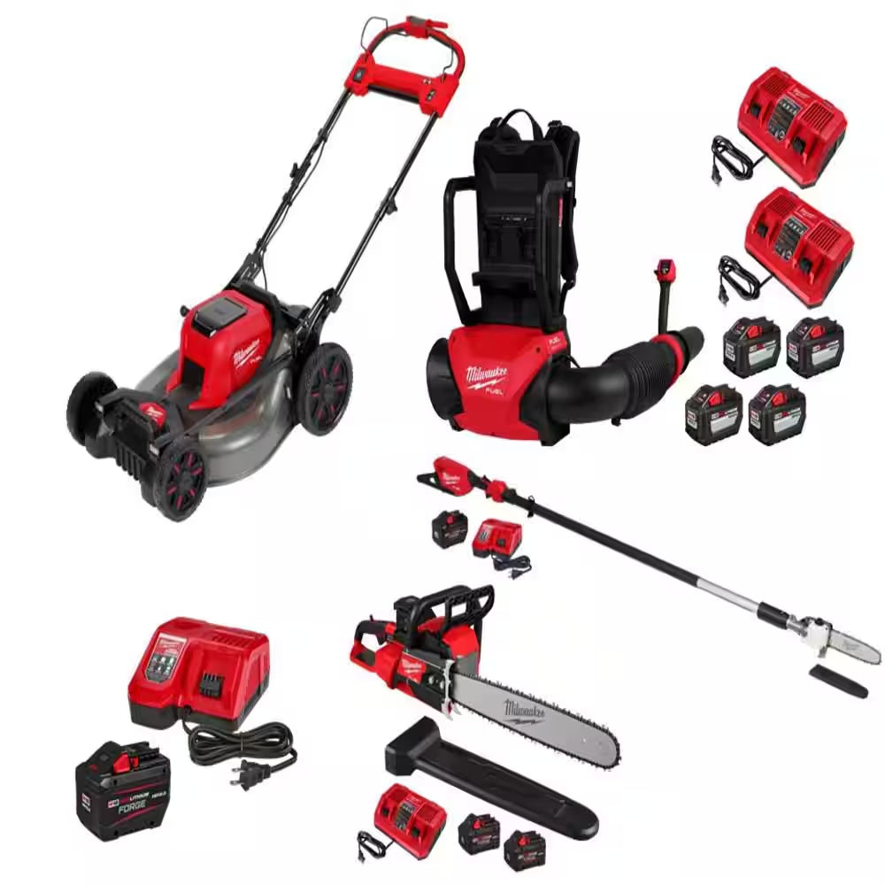 M18 FUEL Brushless Cordless 21 in Dual Battery SP Mower W/ FORGE Starter Kit, Backpack Blower, Chainsaw, Pole Saw