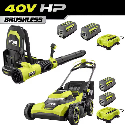 40V HP Brushless 21" Walk behind Self-Propelled Mower & Backpack Blower-(2) 8.0 Ah & 6.0 Ah Batteries & (2) Chargers